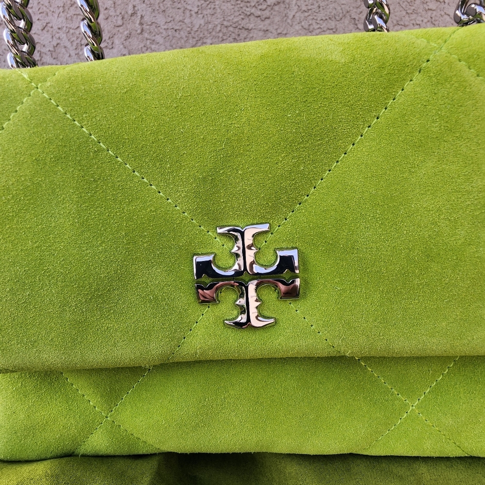 Tory Burch Kira Diamond Quilt Suede Small Shoulder Bag Handbag- Lime Green NWT - Picture 4 of 16